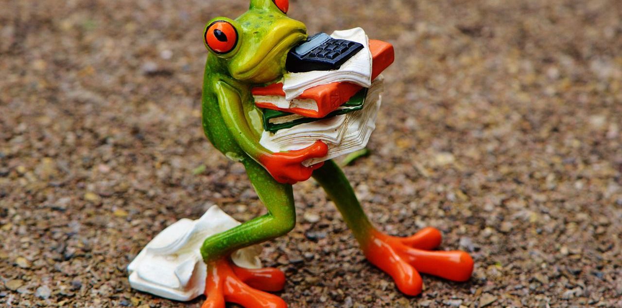 Ein Frosch trägt Bücher und ein Telefon. Bild ist dekorativ.