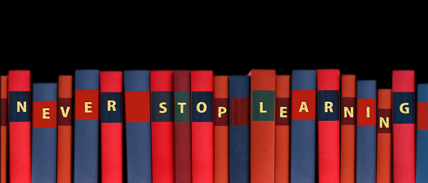 eine Reihe Buchrücken geziert von den Buchstaben NEVER STOP LEARNING - Bild ist dekorativ