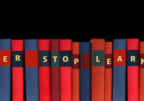 eine Reihe Buchrücken geziert von den Buchstaben NEVER STOP LEARNING - Bild ist dekorativ