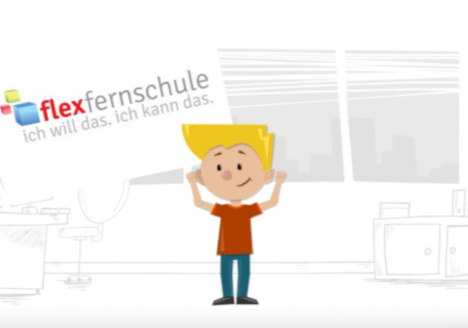 Ein Bild aus dem Flex-Erklärfilm - gezeigt ist ein Comic-Junge, der die Arme in die Höhe streckt