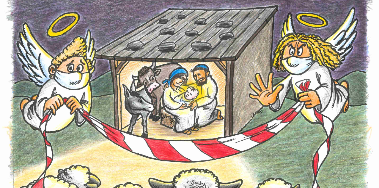 Die Weihnachtskarte der Flex von 2020 zeigt zwei Engel mit Atemmaske, die ein Absperrband vor den Stall mit Maria und Josef sowie dem Jesus-Baby in der Krippe halten und somit die Schafe nicht durchlassen.