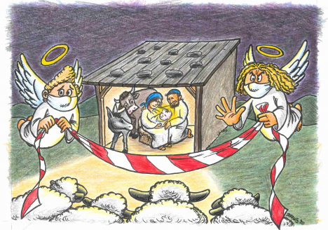 Die Weihnachtskarte der Flex von 2020 zeigt zwei Engel mit Atemmaske, die ein Absperrband vor den Stall mit Maria und Josef sowie dem Jesus-Baby in der Krippe halten und somit die Schafe nicht durchlassen.