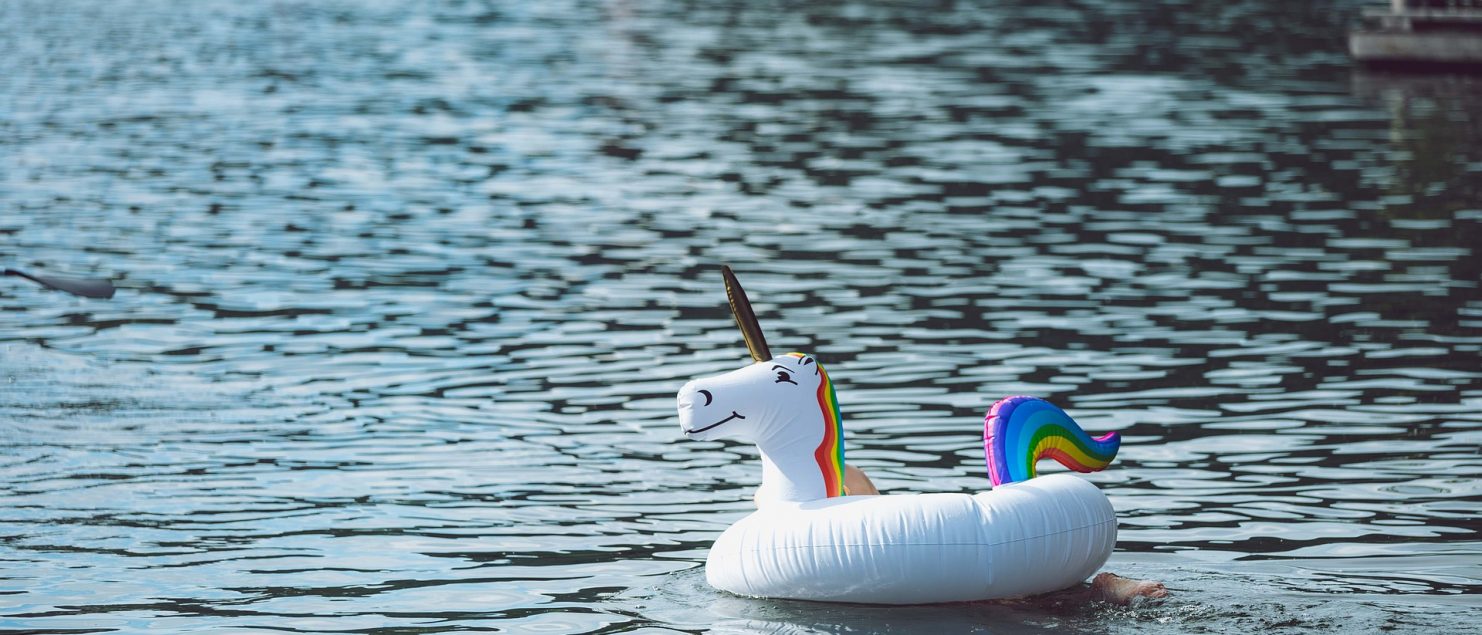 ein aufblasbares Einhorn auf einem Badesee - Bild ist dekorativ